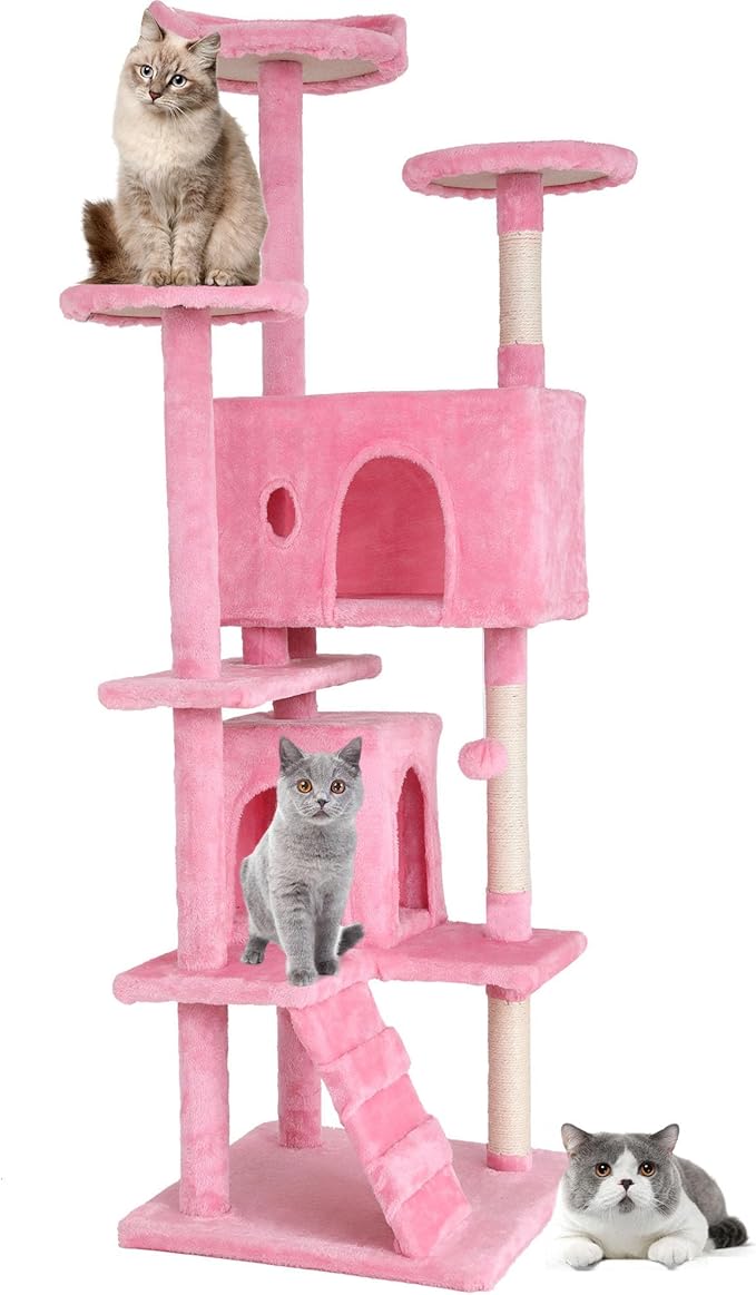 Heavy Duty Cat Tree, 70 Inch Tall Tower With 3 Top Perches Platforms & 2 Cozy Condos, Climbing Tower With Ladders & Sisal Pole, Scratching Tree for Large Cats Play House, Pink