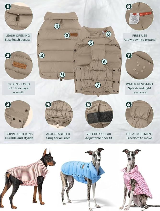 SPACE LION Dog Puffer Jacket, Down Winter Coat, Durable Outdoor Coat for Cold and Windy Conditions, Lightweight & Adjustable Fit Coats for Medium Dogs, (Camel, Size 14 Gift Box)