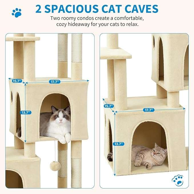 Cat Tree 61" Tall, Sisal Wrapped Scratching Post, Cat Nest, Hanging Ball, Extended Platform