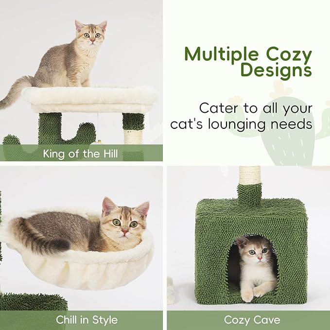 Hoopet 32-Inch Small Cat Tree for Indoor Cats, Cactus Cat Tower with Sisal Scratching Posts, Cozy Condo, Plush Perch, and Hanging Ball, Ideal for Kittens & Small Cats