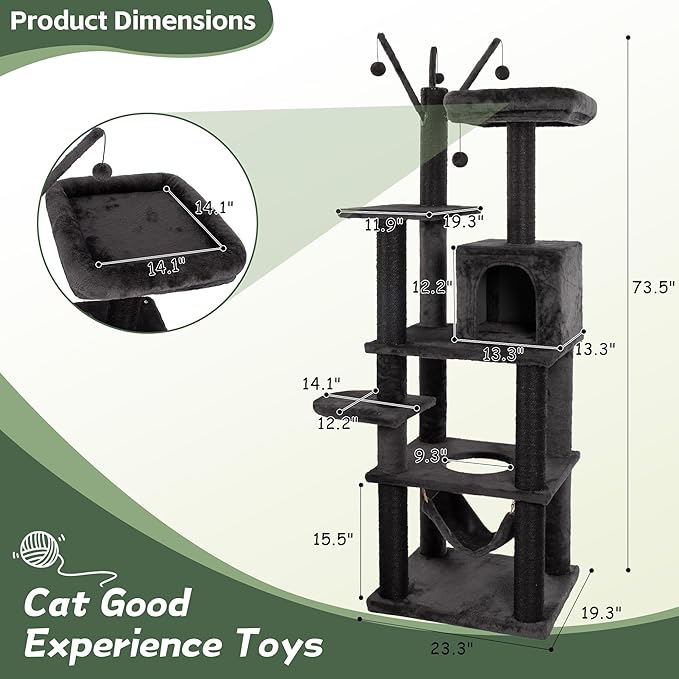 KAMABOKO Gothic Cat Tree, 73.6in Black Cat Tower with Coffin Bed, Big Tall Cat Condo with Sisal Scratching Posts, Scratching Ramp and Comfort Basket for Indoor Cats