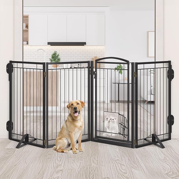 Metal Free Standing Dog Gate with Cat Door for Indoor/Outdoor,40" Extra Wide Foldable Pet Gate,36" Tall Puppy Fence for Large Openings Stairs,Deck,Yard,Doorways(2 Panels,Black)
