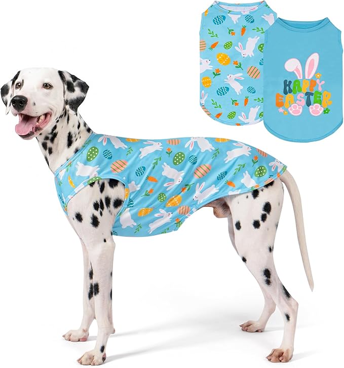 KYEESE 2Pack Easter Dog Shirt, Breathable Tank Top Sleeveless Dog T Shirts for Medium Large Dogs Boy Girl, Lightweight Dogs Clothes Pet Outfit for Holiday, Blue+Bunny, 2XL