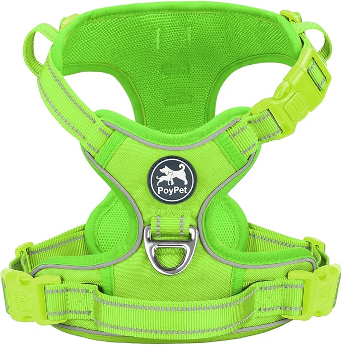 PoyPet No Pull Dog Harness, No Choke Reflective Dog Vest, Adjustable Pet Harnesses with 2 Leash Attachments with Easy Control Padded Handle for Small Medium Large Dogs(Green Matching Trim,S)