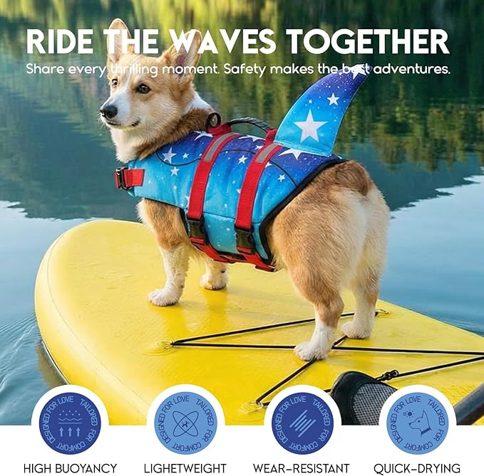 ASENKU Dog Life Jacket - Pet Safety Vest for Swimming & Boating, Shark Life Jacket with Floatation, Dog Lifesavers Swimsuits for Small Medium Large Dogs (GradStar, 2XL)