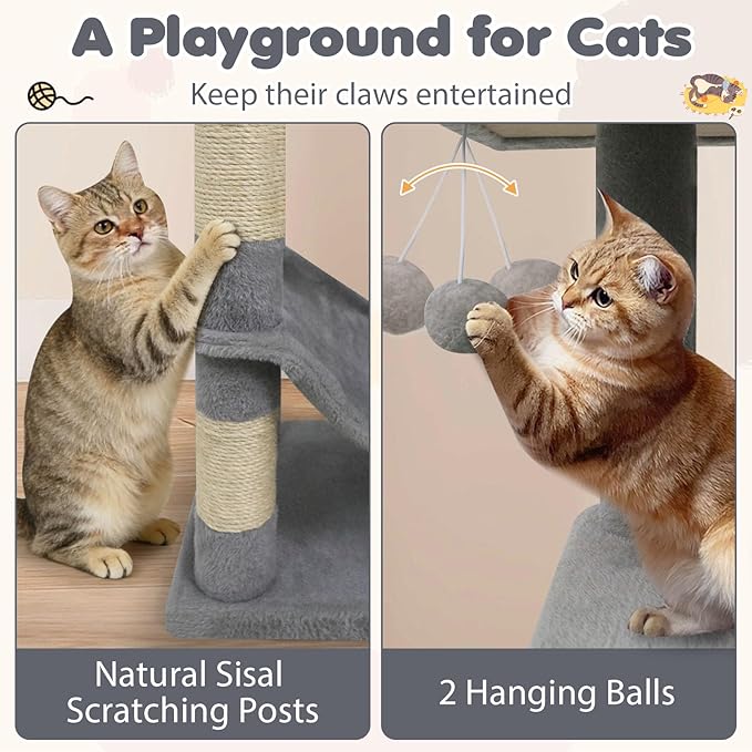 Tangkula Cat Tree Tower, 44 Inch Multi-Level Cat Tower with Sisal Scratching Posts, 2-Door Condo, Padded Top Perch & Hammock, 2 Hanging Balls, Jumping Platforms for Indoor Cats (Light Gray)