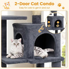 SUBARASHII 44" Multi-Level Cat Tree with Spacious Top Perch, 2-Door Condo & Hammock for Indoor Cats -Gray