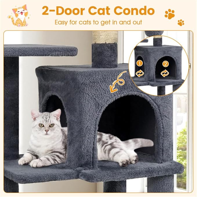 SUBARASHII 44" Multi-Level Cat Tree with Spacious Top Perch, 2-Door Condo & Hammock for Indoor Cats -Gray