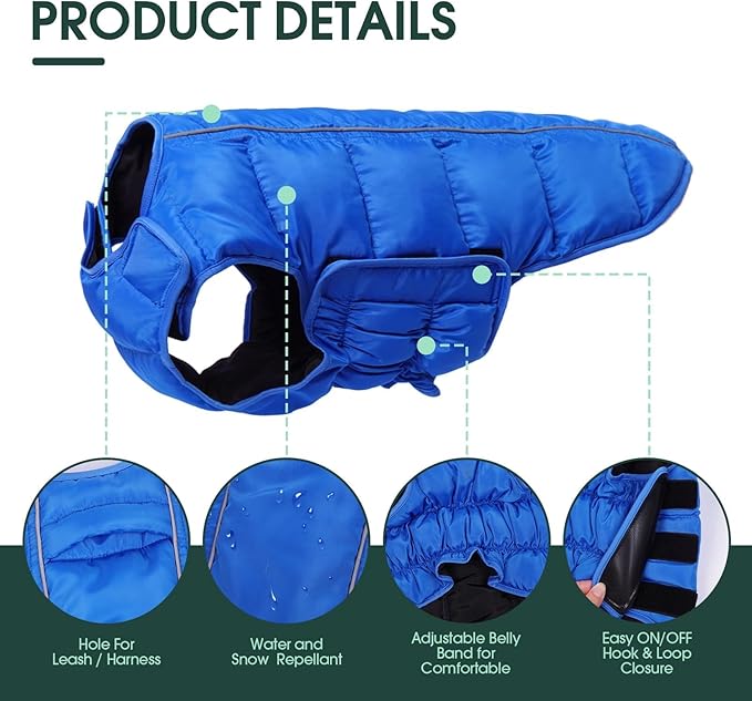 Kuoser Dog Puffer Jacket Warm Dog Coat for Extra Large Dogs, Windproof Reflective Pet Padded Vest Cold Weather Clothes Puppy Snowsuit with Hook & Loop Coats for Great Dane, Easy On/Off, Blue 3XL