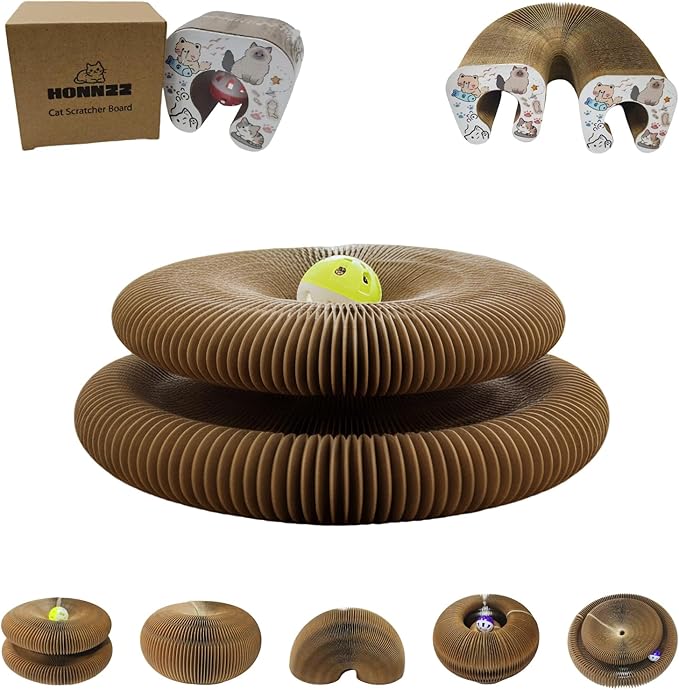 U-Shaped Accordion Cat Scratcher with Interactive Ball - Cute Cartoon Design, Scratch-Resistant, Pet-Safe for Feline Entertainment & Claw Care