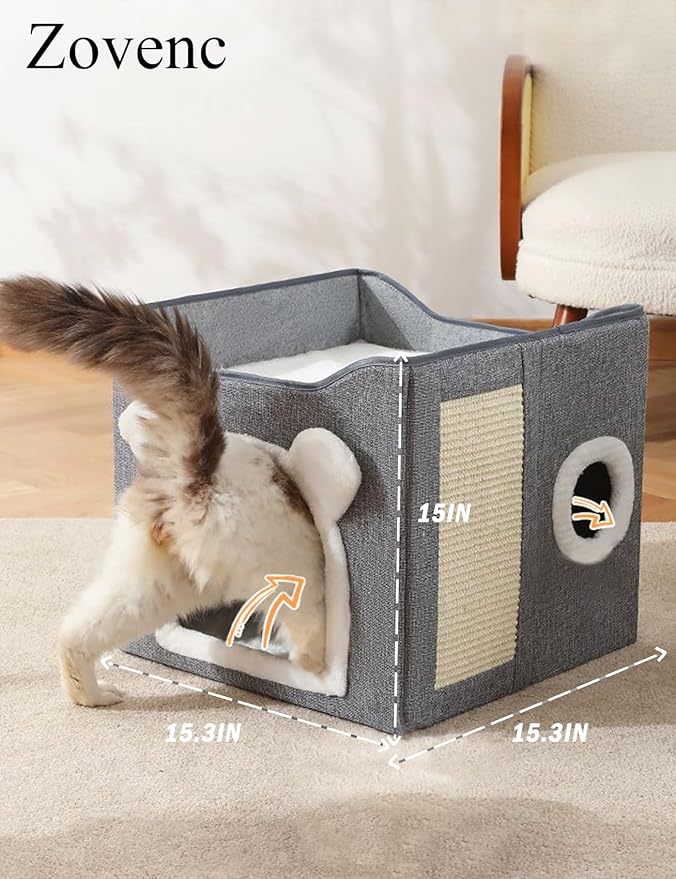 Cat Bed for Indoor Cats Foldable Cat Houses with Fluffy Ball and Scratch Pad Large Cat Cave Grey Cat Hideaway