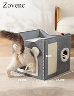 Cat Bed for Indoor Cats Foldable Cat Houses with Fluffy Ball and Scratch Pad Large Cat Cave Green Cat Hideaway