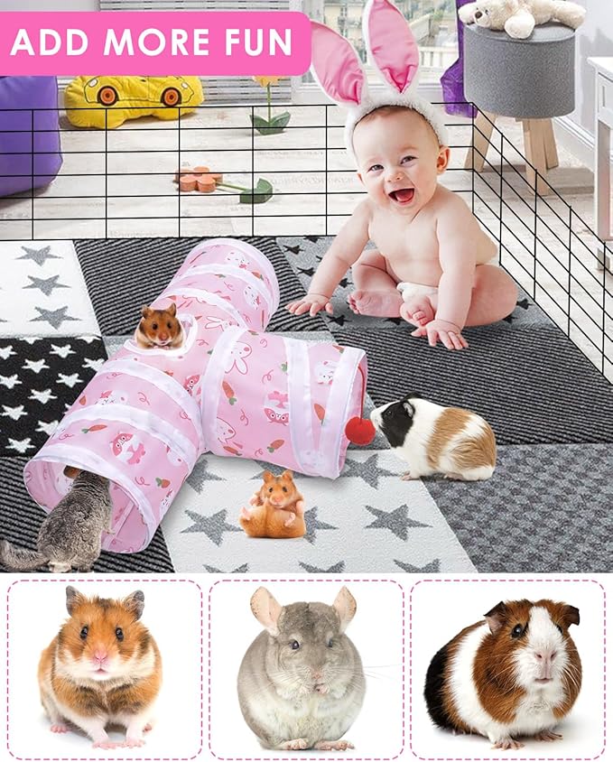 Bissap Guinea Pig Tunnel, Collapsible Hamster Tunnel and Tube 3 Ways Pet Hideout with 1 Play Ball for Indoor Guinea Pig Chinchilla Hamster Rat Small Animal Activity Fun Toys (Pink)