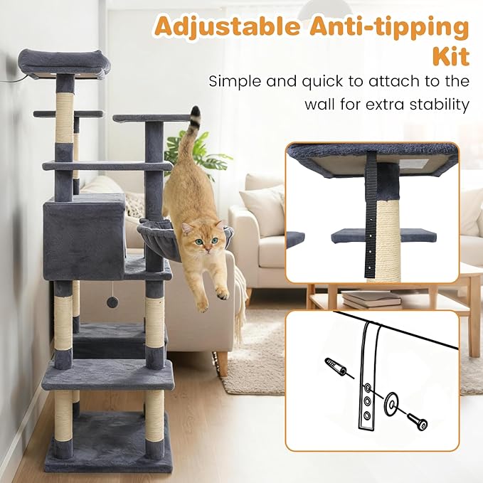 Tangkula Tall Cat Tree, 63 Inch Large Cat Tower with Sisal Scratching Posts, Plush Top Perch, Condo, Hammock, Basket Bed, Dangling Balls & Jumping Platforms for Indoor Cats Large Adult (Dark Grey)