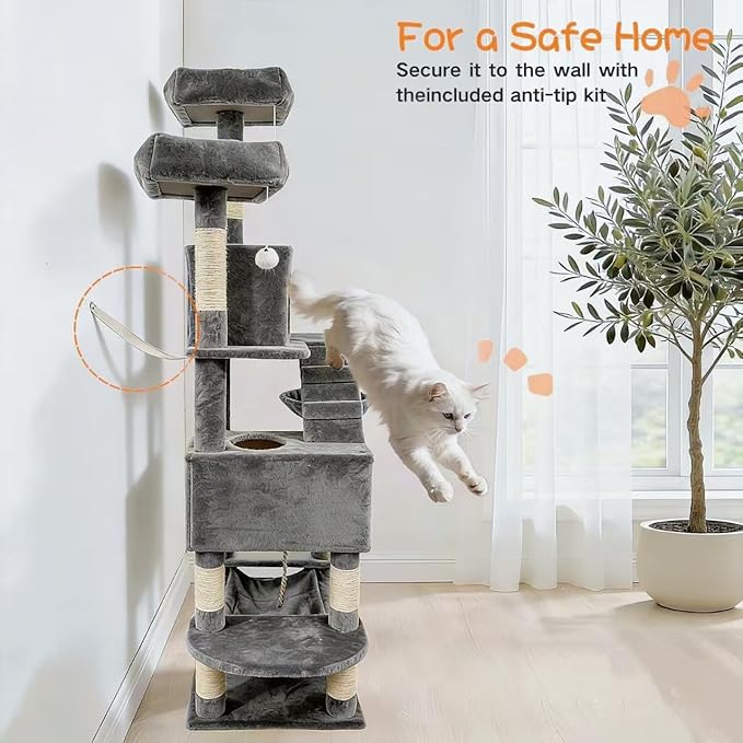 Pawly 70" Extra Tall Cat Tree with Dual Hammocks & Enlarged Condos, Premium CARB P2-Compliant Particle Board, 350G Plush Natural Sisal Cat Tower for Big Cats & Multi-Cat Families, Gray