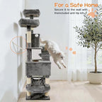 Pawly 70" Extra Tall Cat Tree with Dual Hammocks & Enlarged Condos, Premium CARB P2-Compliant Particle Board, 350G Plush Natural Sisal Cat Tower for Big Cats & Multi-Cat Families, Gray