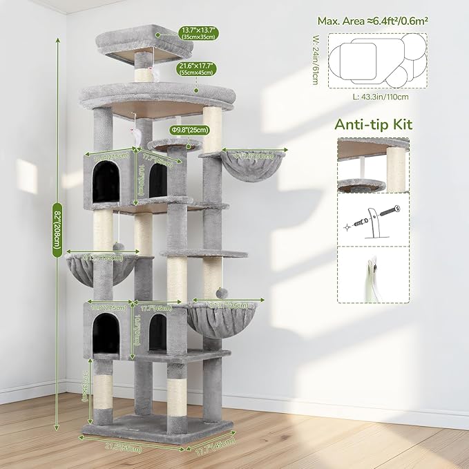 Globlazer Extra Large Cat Tree Tower, 82in Tall Heavy Duty Cat Tree for Indoor Cats Large Adult Big Cat Tower with 8 Scratching Posts, 2 Cat Condos, 2 Top Perches, 3 Hanging Baskets, S82, Light Grey