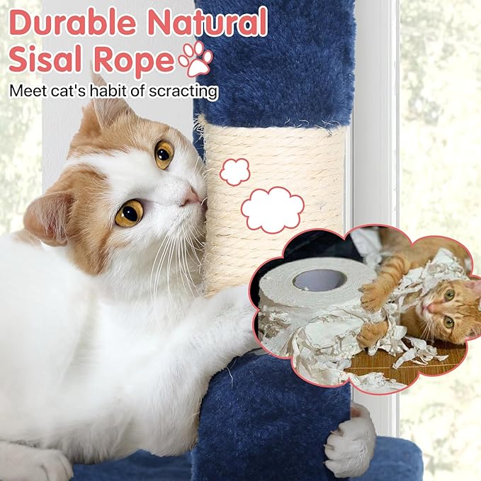 Cat Tree, 36 Inches Indoor Cat Tree Tower Condo, Natural Sisal Cat Scratching Post with Cozy Bed, Small Cats Tree for Kittens, Soft Perch & Cute Toys, Navy Blue