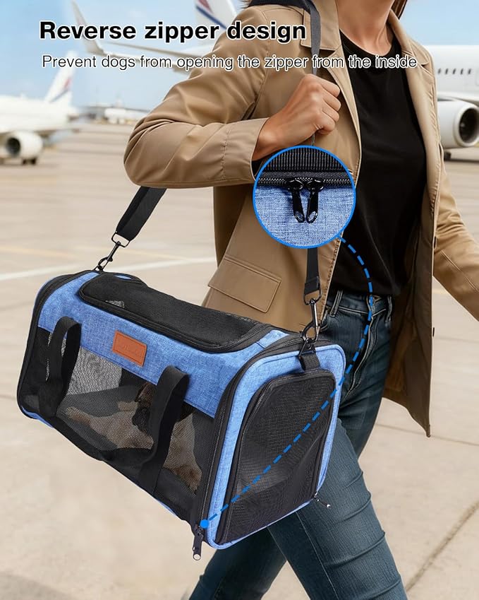 Pet Carrier Airline Approved 17x11x9.5 in - Underseat, Top & Side Entry Soft Dog Cat Travel Carrier with Safety Zippers ＆ Anti-Scratch Mesh for Small Cat and Dog for Pets Up to 10 Lb - Blue
