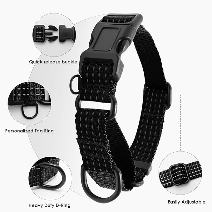 Martingale Dog Collar, Reflective No Pull Training Collar with Quick Release Buckle, Adjustable Heavy Duty Nylon Choker Collars for Small Medium Large Dogs(S,Black)