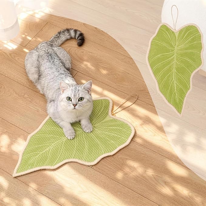 Botanical Leaf Cat Scratching Mat – Leaf-Shaped Natural Sisal Pad for Wall & Floor, Hanging Cat Scratcher with Catnip Pompom, Unique Indoor Jungle Decor & Furniture Protector (21.7 x 13 x 0.2 inches)