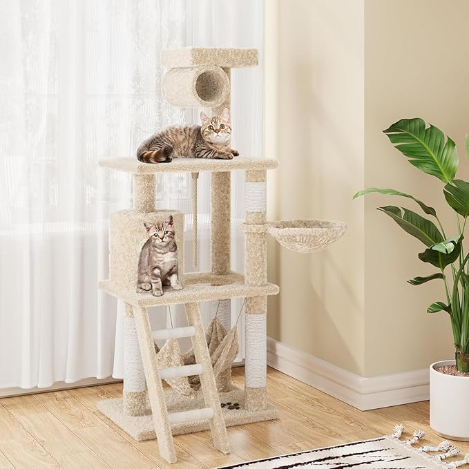 55 Inch Multi-Level Cat Tree Tower with Condo, Plush Perches, Scratching Posts, Hammocks, and Play House, Beige