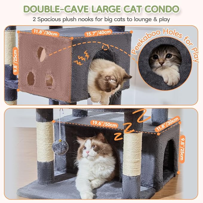 Taoqimiao 79 Inches XXL Cat Tree for Large Cats, for Oversized Cats, Multi-Level Cat Tower, 2 Spacious Cat Condo with 6 Scratching Posts, Hammcock & Cozy Basket, Cat Toys, Smoky Gray, S10G