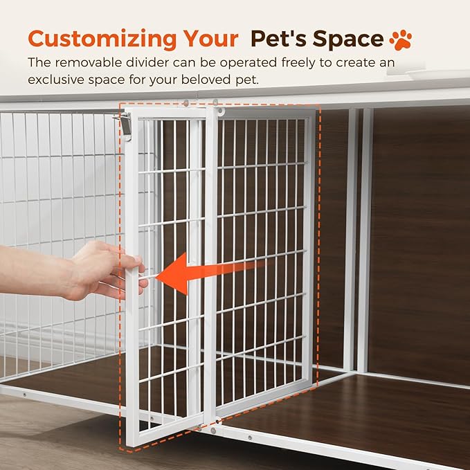 Dog Crate Furniture for 2 Dogs, 43.3" Dog Kennel with Removable Divider, Heavy Sturdy Dog Furniture Style Double Cage for Small Medium Dogs, Indoor Pet House End Table, White and Walnut