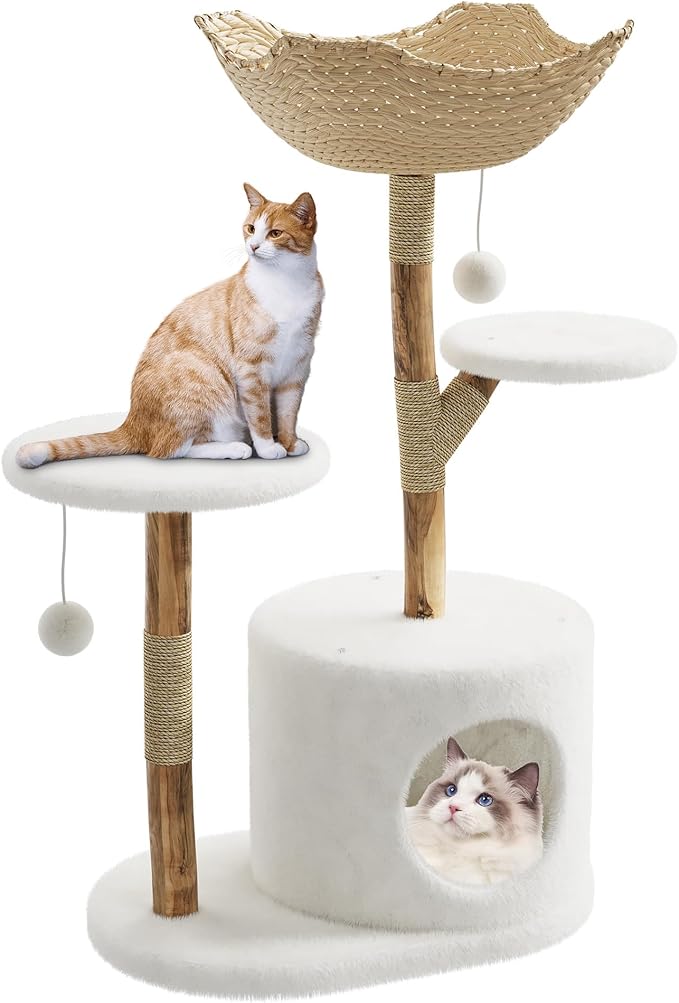 Multi-Level Cat Tree Tower with Bed, Wicker Basket & Condo - Wood Cat Scratching Post Furniture, Natural Pet Climbing Tree Stand for Large Cats