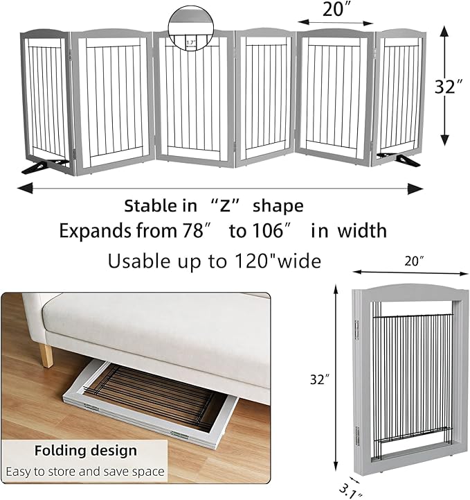 Dog Fence Indoor,Dog Gate Indoor for Doorway pet gate -6-Panel Freestanding, Hallways, House or Stairs -120x32-Inch Retractable Foldable Expandable Wood Pet by SFJC (Grey) ﻿