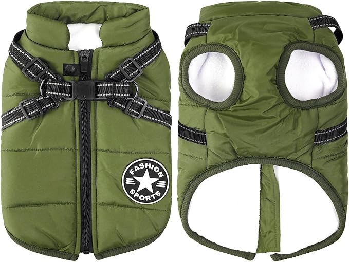 Aiboria Dog Jackets for Winter Windproof Waterproof 2 in 1 Outfit Cold Weather Coat Dog Vest Harness Puppy Winter Warm Jacket Large Green 3XL