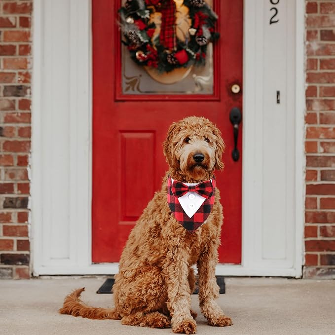 Adjustable Red Plaid Christmas Dog Tuxedo Bandana with Bow Tie - Holiday Pet Outfit Costume for Dogs XS to XL