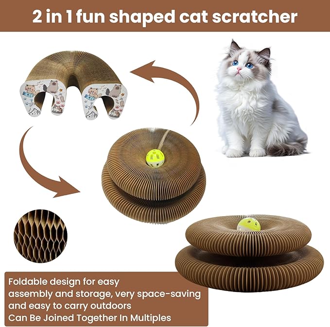 U-Shaped Accordion Cat Scratcher with Interactive Ball - Cute Cartoon Design, Scratch-Resistant, Pet-Safe for Feline Entertainment & Claw Care