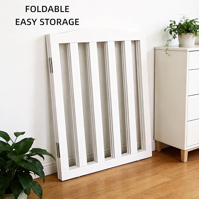 ZJSF Foldable Freestanding Indoor Dog Gate for House Wood White Long Pet Gates Dog Fence for Stairs Puppy Gates for Hallways, Puppy Gate,Support Feet Included 32 "Height-4 Panels