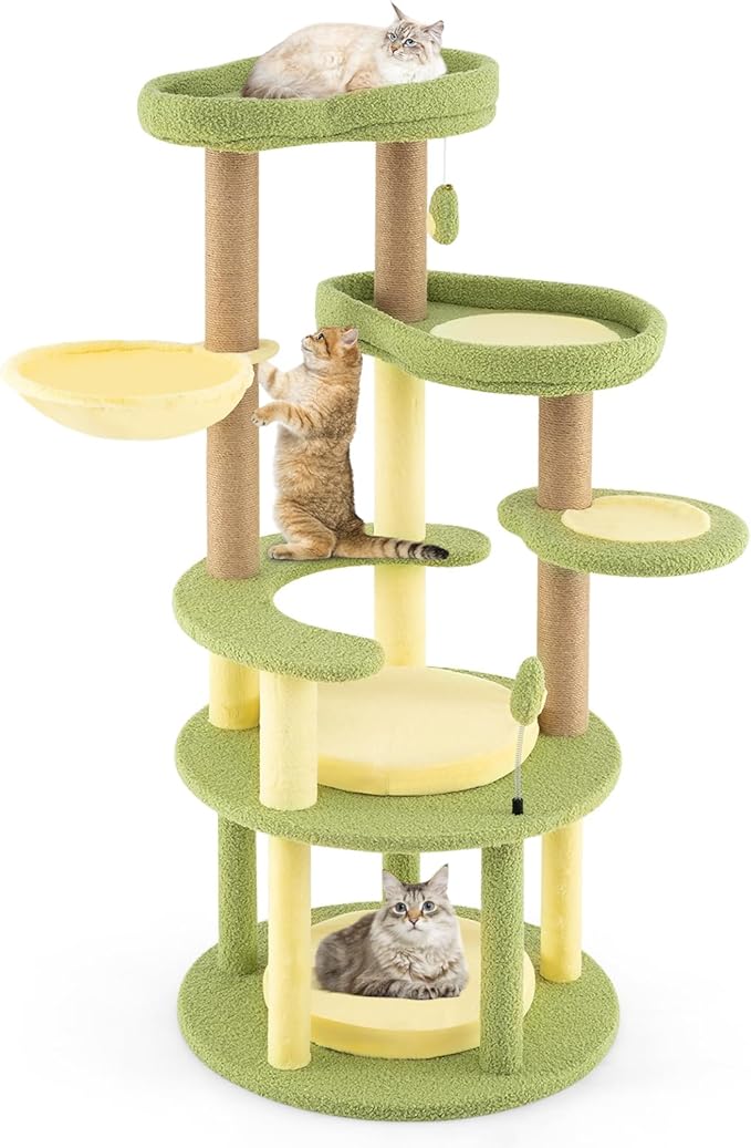 PETSITE 51-inch Avocado-Themed Cat Tree, Multi-Level Modern Cat Tower with Jute Scratching Posts, Avocado-Shaped Dangling and Spring Toy, and Removable Cushions, Cute Cat Tree Tower for Indoor Cats