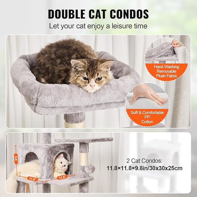 Happybuy Cat Tree for Indoor Cats, 63" Cat Tower with 2 Cat Condos, Sisal Scratching Post, Hammock, Top Perch, Jumping Platforms, Large Cat Furniture Activity Center with Hang Ball, Light Grey