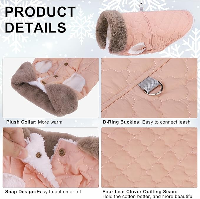 BEAUTYZOO Winter Dog Coat with Harness Built in, Warm Dog Puffer Jacket Vest Padded Fleece Cold Weather Coats Windproof Waterproof Snow Jackets Clothes for Small Medium Puppy, Pink L