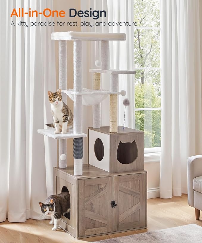 HOOBRO Cat Tree with Litter Box Enclosure, Tall Cat Tower for Indoor Cats, All-in-One Modern Cat Condo, Hidden Litter Box Enclosure Furniture, with Cat House, Sisal Posts, Greige and White BG51MZ03