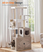 HOOBRO Cat Tree with Litter Box Enclosure, Tall Cat Tower for Indoor Cats, All-in-One Modern Cat Condo, Hidden Litter Box Enclosure Furniture, with Cat House, Sisal Posts, Greige and White BG51MZ03