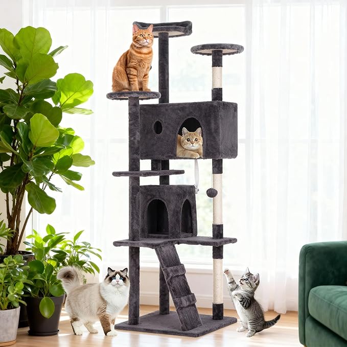 BestOffice 70 Inch Cat Tree, Multi-Level Cat Tower with Condo, Perches, Sisal Scratching Posts, Climbing Ladder,Indoor Activity Center Play House for Kittens & Adult Cats, Ashy