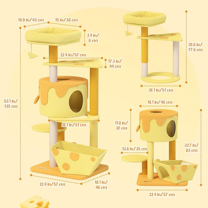 Happy & Polly Cat Tree, Cats, 53.2x22.4x18.1 Inches, All Breed Sizes, Climbing, Indoor, Wood and Sisal, Floor Mount, Modern