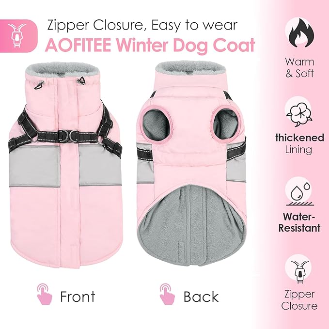 AOFITEE Dog Winter Coat, Dog Coat with Harness Built in, Dogs Jacket for Large Dogs, Reflective Waterproof Pet Puffer Jacket Snowsuit, Warm Fleece Windproof Pet Sweater for Cold Weather, XL