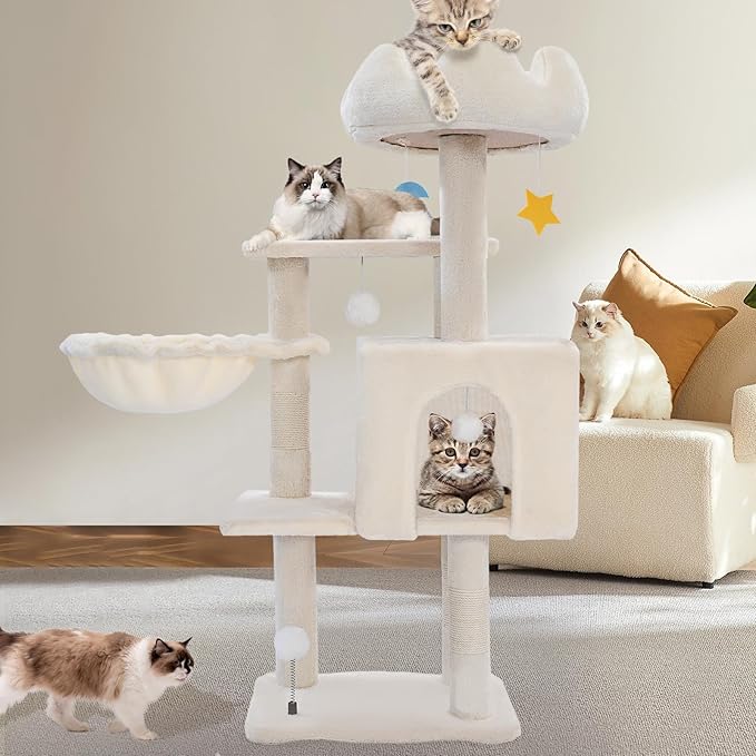 Cat Tree Tower with Metal Frame Hammock, 40'' Cat Trees for Indoor Cats Large Adult, Cat Towers with Scratching Post, Cats Condo Furniture with Cloud Top Perch, Cats Climbing Tower for Kittens(White)