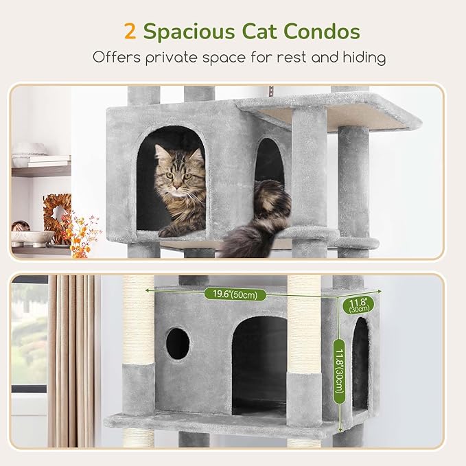 Globlazer Cat Tree for Indoor Cats Large Adult, 74in Tall Cat Tower with Scratching Post, Heavy Duty Cat Tree Tower with 2 Spacious Caves, Oversized Top Perch, Big Hanging Basket, F74B, Light Grey