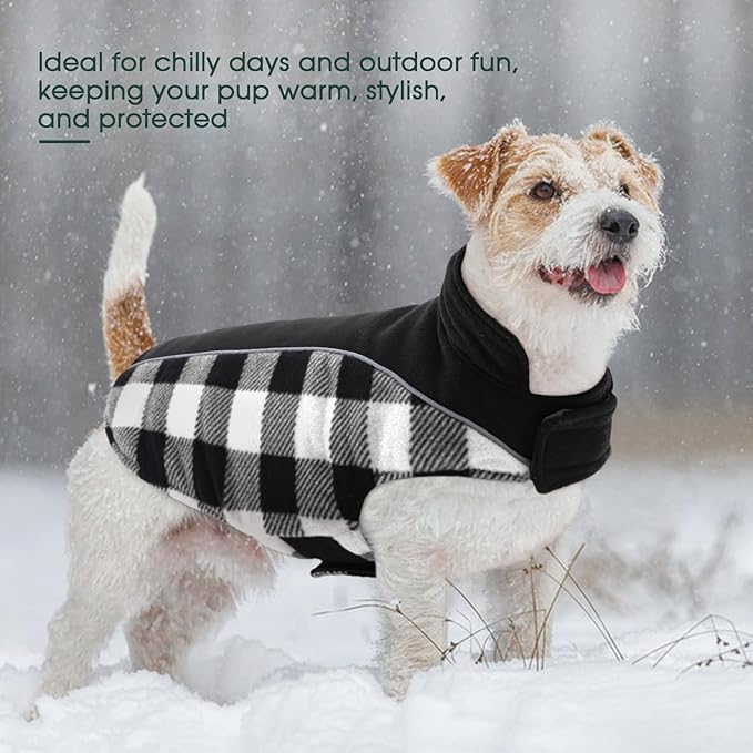 Kuoser Dog Winter Coat, Reversible Waterproof Dog Jacket with Reflective Strip, Warm Dogs Fleece Vest Adjustable Doggy Cold Weather Clothes Plaid Christmas Outfit Pet Apparel for Large Dogs, Black L