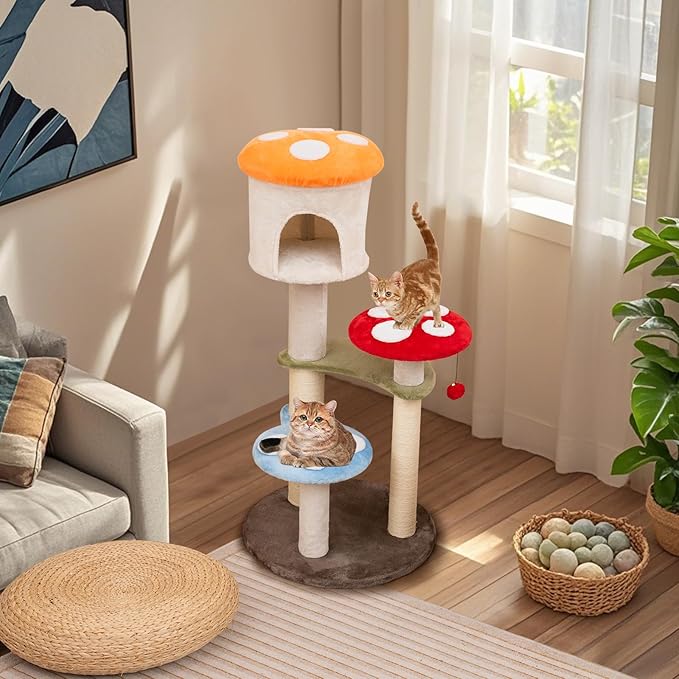 Tangkula Mushroom Cat Tree, 48 Inch Cute Cat Tower with Sisal Scratching Posts, Top Condo, Padded Platforms, Dangling Ball, Multi-Level Modern Cat Furniture, Activity Center for Indoor Cats