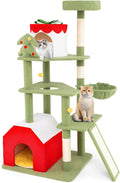 Tangkula Christmas Cat Tree, 61” Tall Cat Tower with Sisal Scratching Posts & Climbing Ladder, Plush Perch, Gift Box Shaped Condo, Hanging Toys, Basket Bed, Cute Cat Tree Tower Holiday Decoration