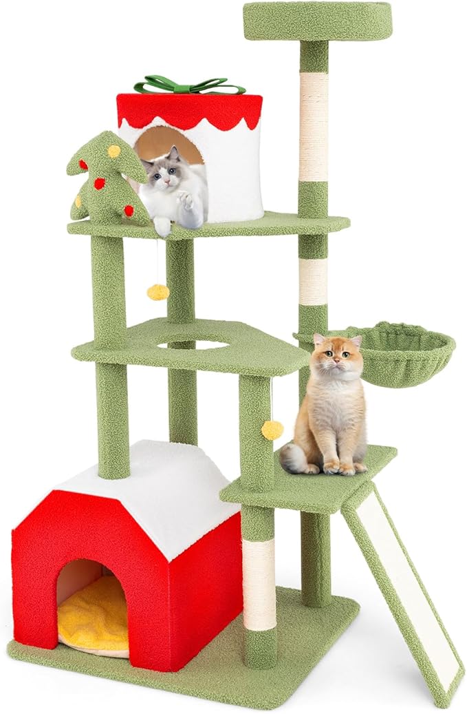 Tangkula Christmas Cat Tree, 61” Tall Cat Tower with Sisal Scratching Posts & Climbing Ladder, Plush Perch, Gift Box Shaped Condo, Hanging Toys, Basket Bed, Cute Cat Tree Tower Holiday Decoration