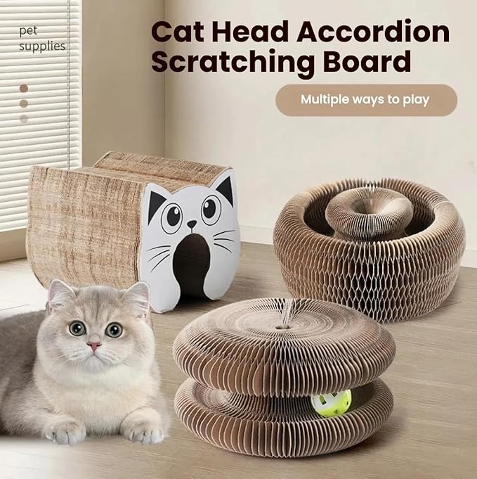 Magic Organ Cat Scratcher Toy - 2 Pack Magnetic Splicing Cardboard Cat Scratching Board with Bell Ball, Foldable Accordion Toy for Indoor Cats, Large Tunnel/Bouncy Ring Shape