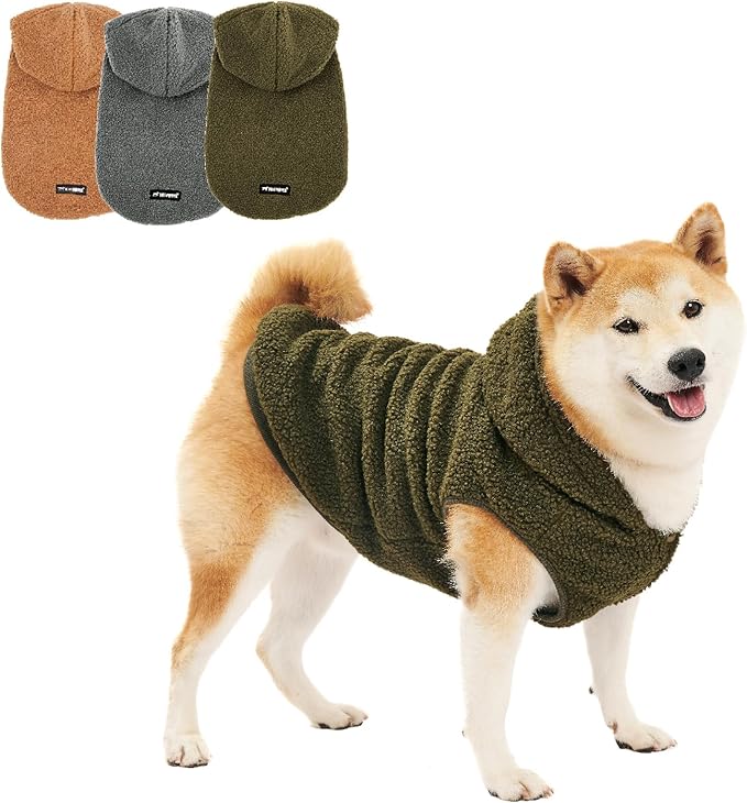 Tuff Pupper Fleece Dog Hoodie Sweater | Teddy Sherpa Outer & Soft Polar Fleece Lining | Adjustable Fit Winter Coat with Hood, Leash Hole, Ribbed Cuffs | for Small Medium Large XL XXL Dogs (Olive, M)